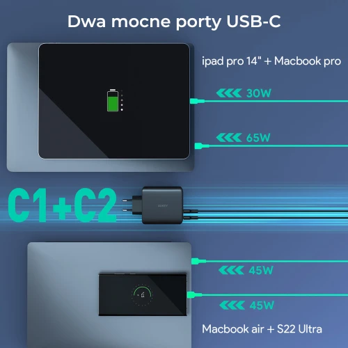 Ładowarka Aukey PA-B7S GaN, 3x USB-C, USB-A, QC, PD 100W