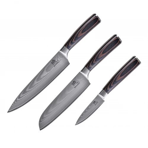 Zestaw noży kuchennych ze stali damasceńskiej Shiori 撓 Chairo Shōto, Santoku, Sifu
