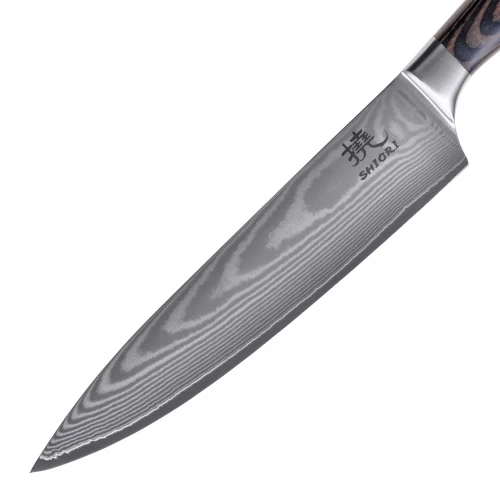 Zestaw noży kuchennych ze stali damasceńskiej Shiori 撓 Chairo Shōto, Santoku, Sifu