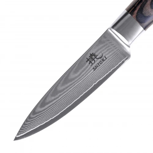 Zestaw noży kuchennych ze stali damasceńskiej Shiori 撓 Chairo Shōto, Santoku, Sifu