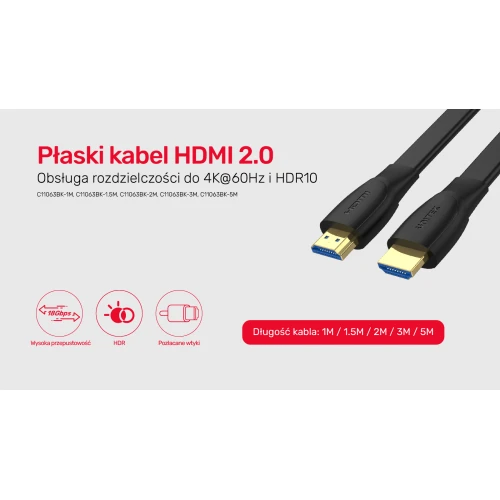 Kabel HDMI 2.0 Unitek High Speed 4K 60Hz - 1m (płaski)