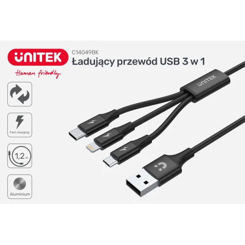 Kabel Unitek USB 3w1 USB-C, Lightning, microUSB do ładowania