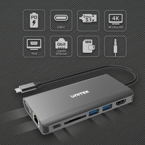 Hub USB-C 3.1 8w1 Unitek Power Delivery 100W