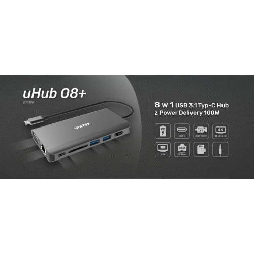Hub USB-C 3.1 8w1 Unitek Power Delivery 100W