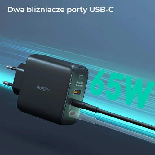 Ładowarka Aukey PA-B6T GaN, 2x USB-C, USB-A, QC, PD 65W