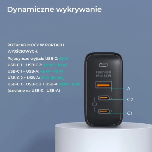 Ładowarka Aukey PA-B6T GaN, 2x USB-C, USB-A, QC, PD 65W