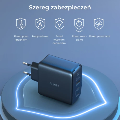 Ładowarka Aukey PA-B6T GaN, 2x USB-C, USB-A, QC, PD 65W