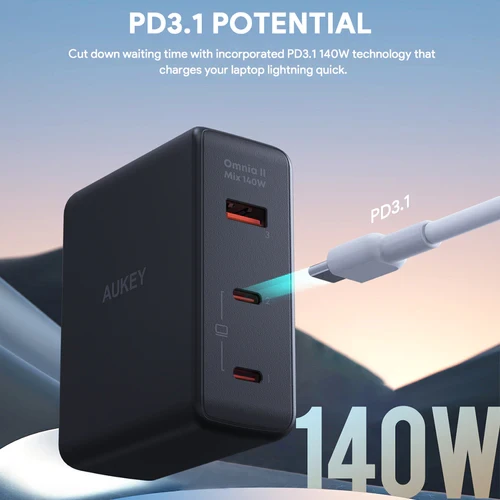 Ładowarka Aukey PA-B7O GaN, 2x USB-C, USB-A, QC, PD 140W