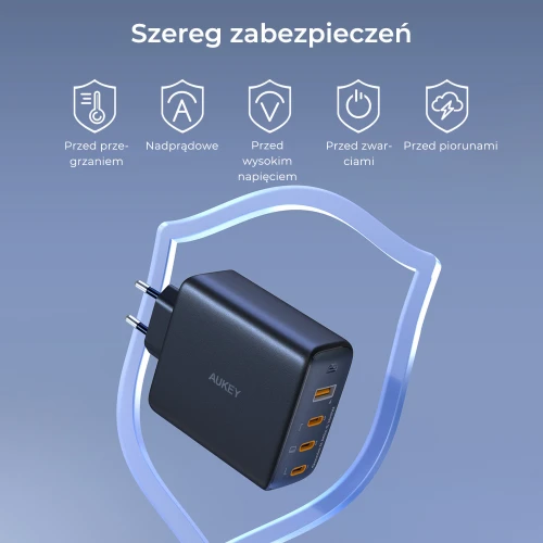 Ładowarka Aukey PA-B7S GaN, 3x USB-C, USB-A, QC, PD 100W