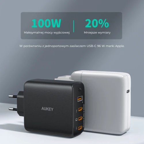 Ładowarka Aukey PA-B7S GaN, 3x USB-C, USB-A, QC, PD 100W