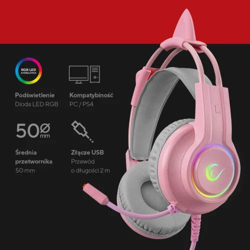 Słuchawki Rampage RM-K91 X-CATTY Pink USB 7.1 RGB