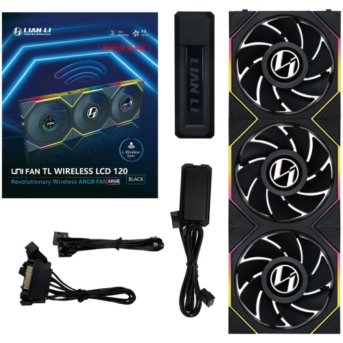 Wentylator Lian Li UNI FAN TL Wireless LCD ARGB PWM Reverse Blade Czarny – 120mm 3-pack z kontrolerem