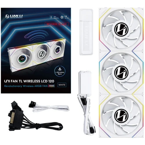Wentylator Lian Li UNI FAN TL Wireless LCD ARGB PWM Reverse Blade Biały – 120mm 3-pack z kontrolerem