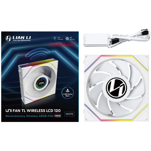 Wentylator Lian Li UNI FAN TL Wireless LCD ARGB PWM Reverse Blade Biały – 120mm