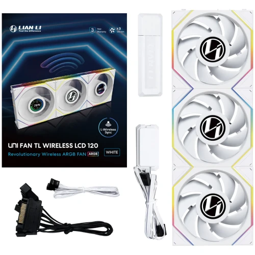 Wentylator Lian Li UNI FAN TL Wireless LCD  ARGB Biały – 120mm 3-pack z kontrolerem