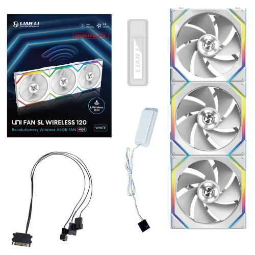 Wentylator Lian Li UNI FAN SL Wireless ARGB PWM Reverse Blade Biały – 120mm 3-pack z kontrolerem