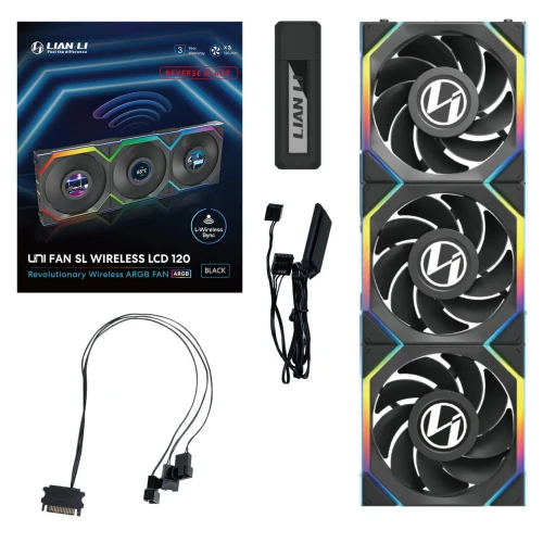 Wentylator Lian Li UNI FAN SL Wireless LCD ARGB PWM Reverse Blade Czarny – 120mm 3-pack z kontrolerem
