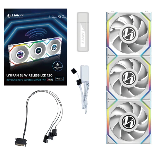 Wentylator Lian Li UNI FAN SL Wireless LCD ARGB PWM Biały – 120mm 3-pack z kontrolerem