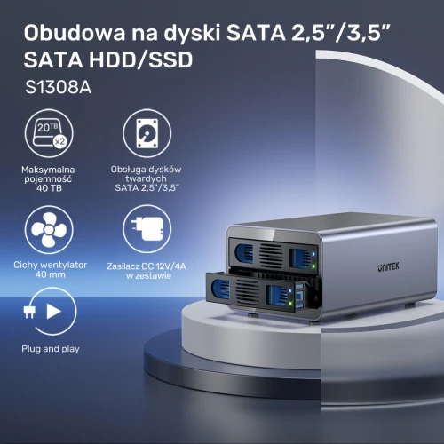 Kieszeń na dyski Unitek S1308A01-EU SATA 2,5''/3,5'' SATA HDD/SSD 40TB
