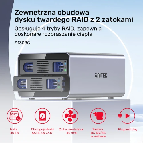 Obudowa RAID do dysku Unitek S1308C01-EU SATA 2.5''/3.5'' USB-C 10Gb/s