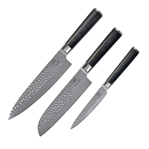 Zestaw 3 noży ze stali damsaceńskiej Shori 撓 Kuri Murō + Santoku + Sifu
