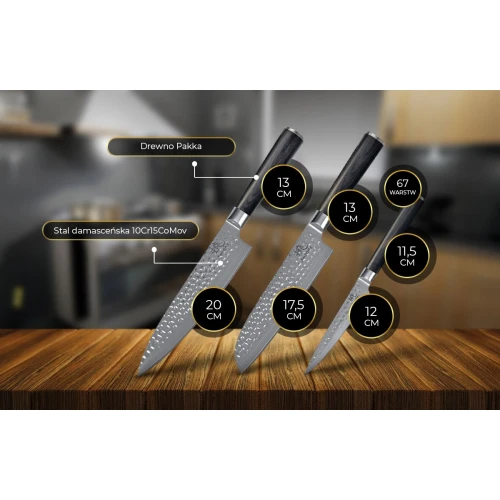 Zestaw 3 noży ze stali damsaceńskiej Shori 撓 Kuri Murō + Santoku + Sifu