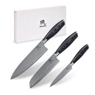 Zestaw 3 noży ze stali damsaceńskiej Shiori 撓 Kuro Murō + Santoku + Sifu