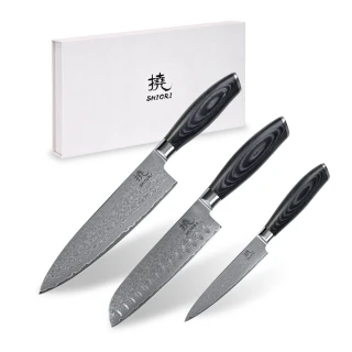 Zestaw 3 noży ze stali damsaceńskiej Shiori 撓 Kuro Murō + Santoku + Sifu