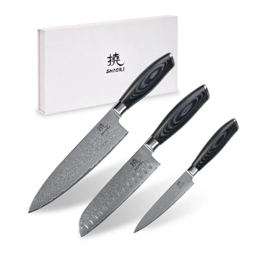 Zestaw 3 noży ze stali damsaceńskiej Shiori 撓 Kuro Murō + Santoku + Sifu