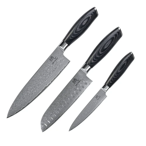 Zestaw 3 noży ze stali damsaceńskiej Shiori 撓 Kuro Murō + Santoku + Sifu