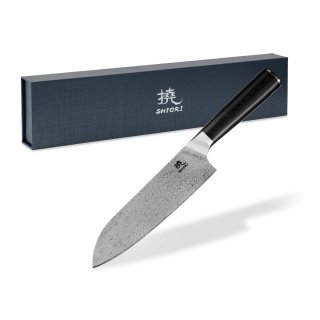 Duży, idealnie wywarzony nóż Shiori 撓 Yasashi-sa Santoku stal damasceńska, rękojeść G10