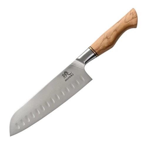 Duży, idealnie wywarzony nóż Shiori 撓 Shibuki Santoku ze stali sandvik 14C28N, rękojeść drewno premium oliwne
