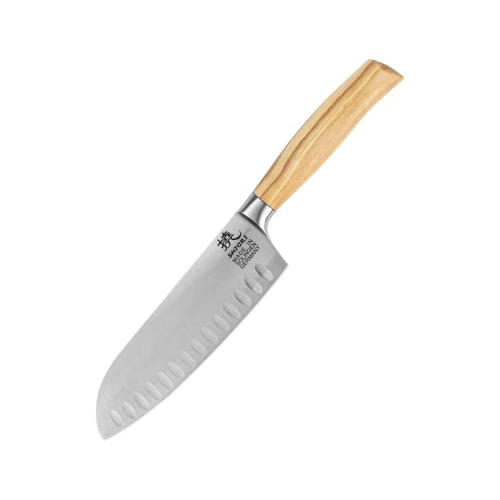 Duży, idealnie wywarzony nóż Shiori 撓 Hamburg Santoku ze stali niemieckiej 1.4116, rękojeść drewno premium oliwne