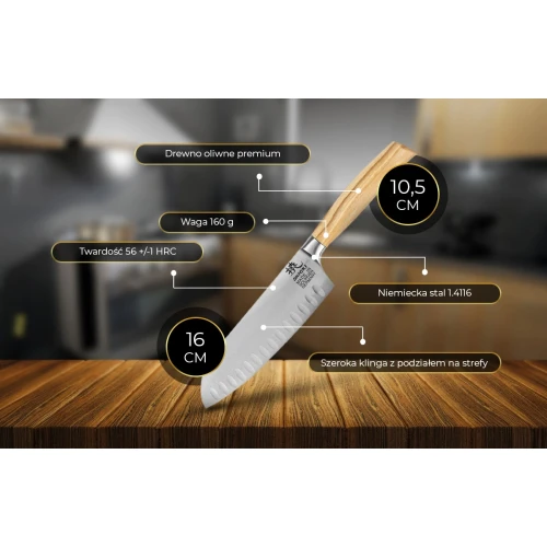 Duży, idealnie wywarzony nóż Shiori 撓 Hamburg Santoku ze stali niemieckiej 1.4116, rękojeść drewno premium oliwne