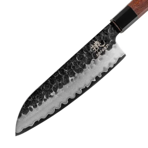 Duży, idealnie wywarzony nóż Shiori 撓 Mitsuki Santoku z trzywarstwowej stali, rękojeść z rogu bawoła i drewna z sekwoi