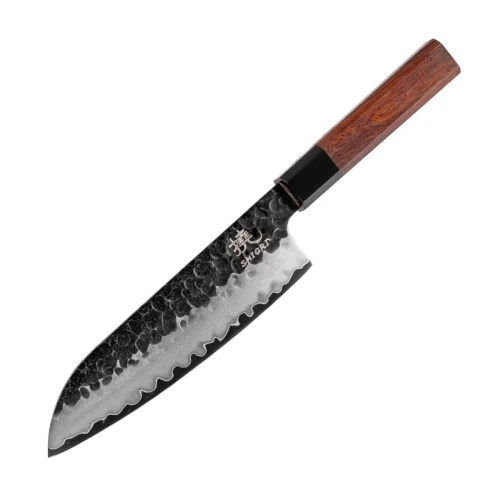 Duży, idealnie wywarzony nóż Shiori 撓 Mitsuki Santoku z trzywarstwowej stali, rękojeść z rogu bawoła i drewna z sekwoi