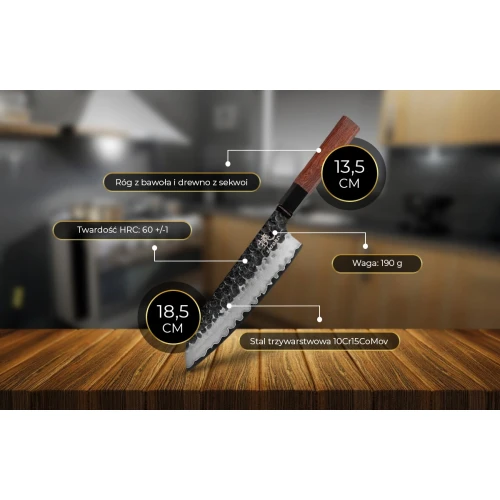 Duży, idealnie wywarzony nóż Shiori 撓 Mitsuki Santoku z trzywarstwowej stali, rękojeść z rogu bawoła i drewna z sekwoi