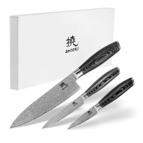 Zestaw 3 noży ze stali damsaceńskiej 撓 Shiori Kuro Shōto + Murō + Sifu