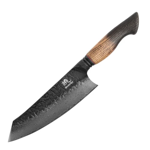 Duży, idealnie wywarzony nóż Shiori 撓 Homura Santoku ze stali damasceńskiej, rekojeść z drewna dębowego z przypaloną rączką