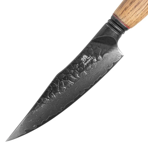 Nóż do krojenia małych i średnich produktów Shiori 撓 Homura Murō ze stali damasceńskiej, rekojeść z drewna dębowego z przypaloną rączką