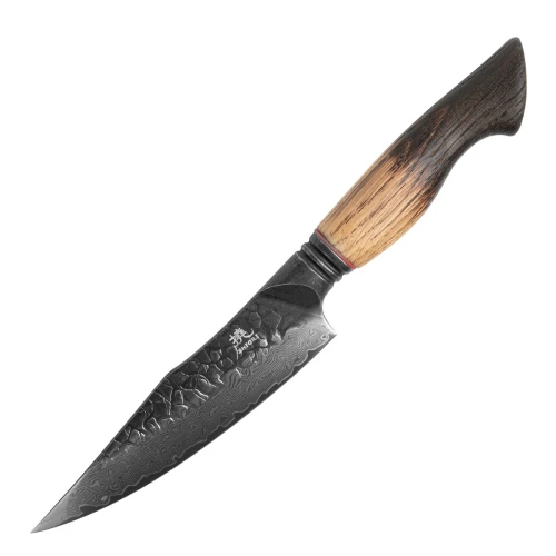 Nóż do krojenia małych i średnich produktów Shiori 撓 Homura Murō ze stali damasceńskiej, rekojeść z drewna dębowego z przypaloną rączką