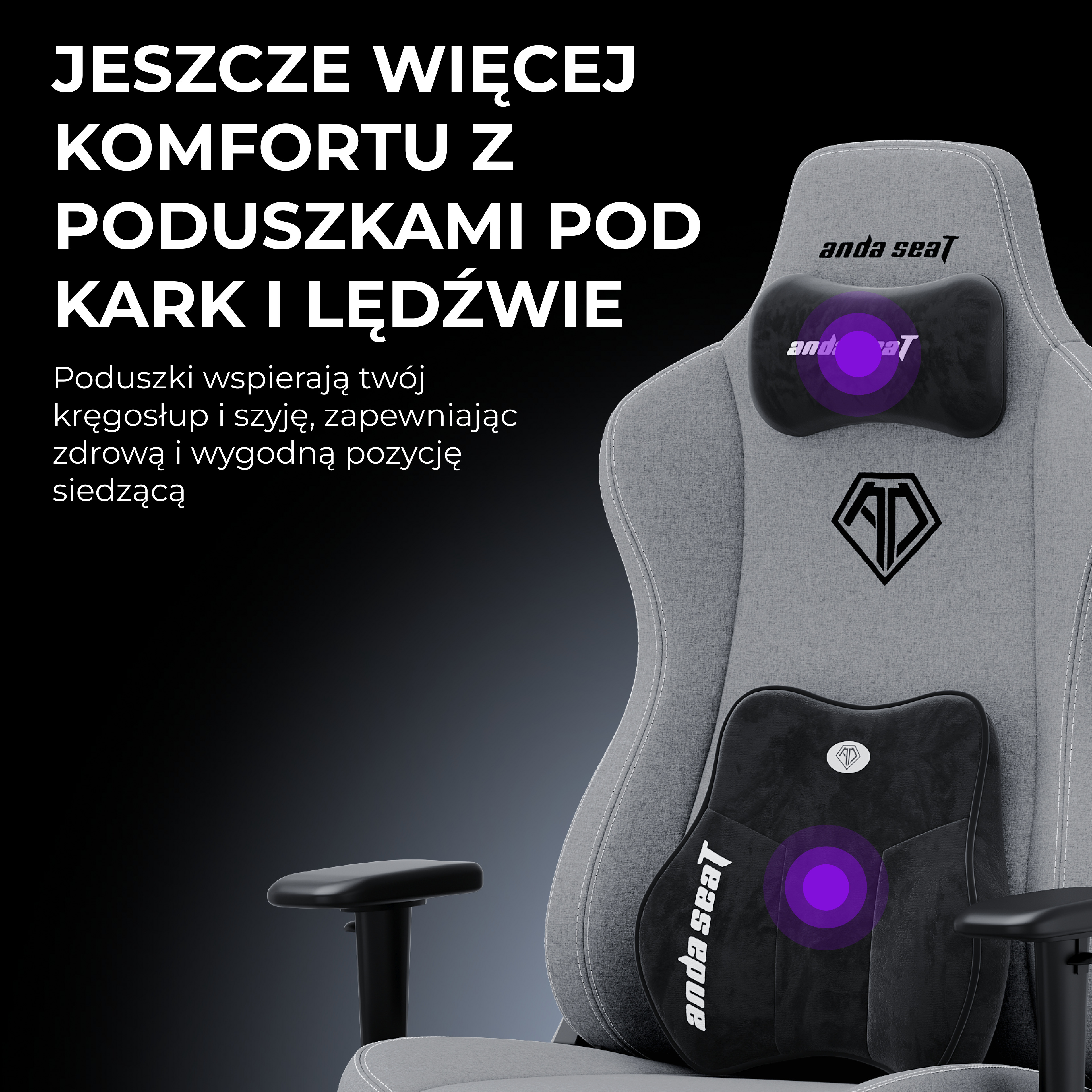 Ergonomiczny kształt oparcia wspierający kręgosłup oraz poduszka pod kark