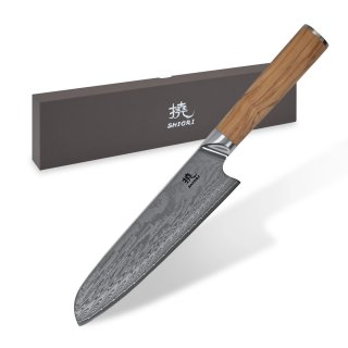 Duży, idealnie wywarzony nóż Shiori 撓 Orību Santoku stal damasceńska, rękojeść drewno premium oliwne