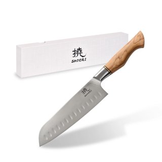 Duży, idealnie wywarzony nóż Shiori 撓 Shibuki Santoku ze stali sandvik 14C28N, rękojeść drewno premium oliwne