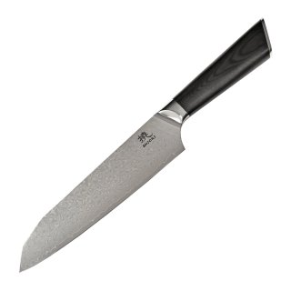 Duży, idealnie wywarzony nóż Shiori 撓 Hiashi Santoku stal damasceńska