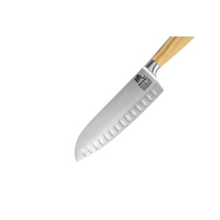 Duży, idealnie wywarzony nóż Shiori 撓 Hamburg Santoku ze stali niemieckiej 1.4116, rękojeść drewno premium oliwne