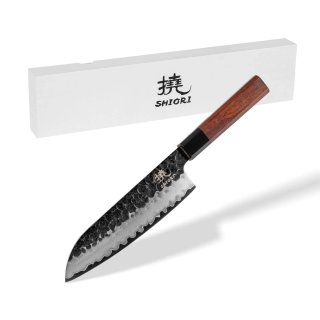 Duży, idealnie wywarzony nóż Shiori 撓 Mitsuki Santoku z trzywarstwowej stali, rękojeść z rogu bawoła i drewna z sekwoi