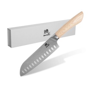 Duży, idealnie wywarzony nóż Shiori 撓 Shinogi Santoku ze stali 10CR15MoV
