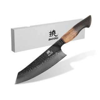 Duży, idealnie wywarzony nóż Shiori 撓 Homura Santoku ze stali damasceńskiej, rekojeść z drewna dębowego z przypaloną rączką