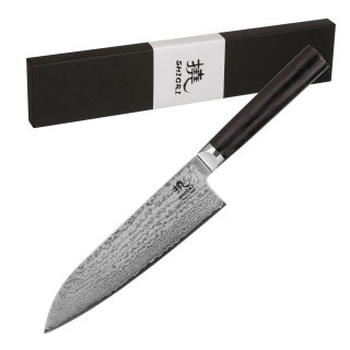 Duży, idealnie wywarzony nóż Shiori 撓 Kyoto Santoku stal damasceńska, rękojeść drewno Pakka